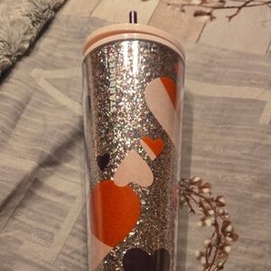 Starbucks Silver Glitter Tumbler with Purple and Pink Hearts